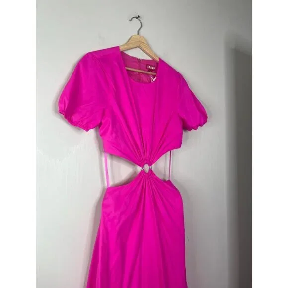 NWT Staud Calypso Cut-Out A-Line Puff Sleeve Zip Maxi Dress Bougainvillea Pink